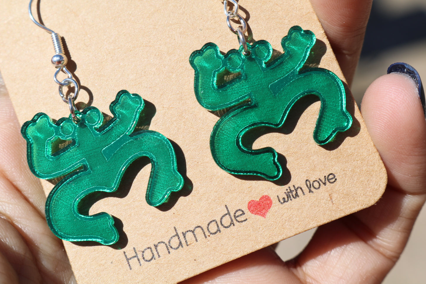 Mirrored Green Coqui Taino Acrylic Dangle Earrings