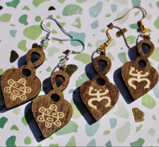 Heart Taino Symbol Wood Dangle Earrings